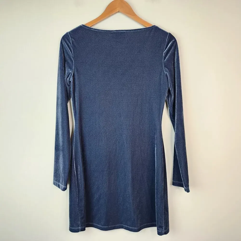 Reformation Jaelynn Mini Dress Blue Velvet Long Sleeve SMALL Boat Neck - Picture 5 of 7